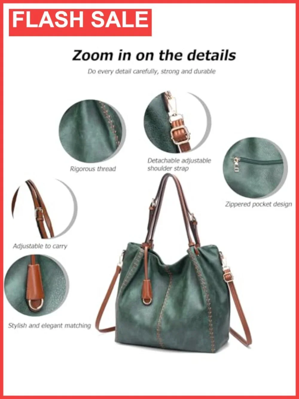 PU Leather Hobo Shoulder Bag Bucket Tote Rivet Detail Purse Adjustable Strap